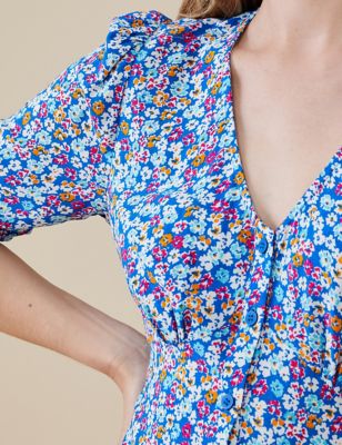 M&S Finery London Womens Floral V-Neck Button Through Midi Tea Dress