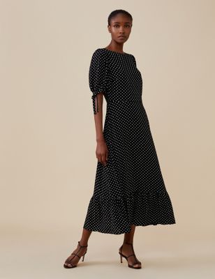 Finery London Womens Polka Dot Tie Sleeve Midi Tea Dress - 8 - Black Mix, Black Mix