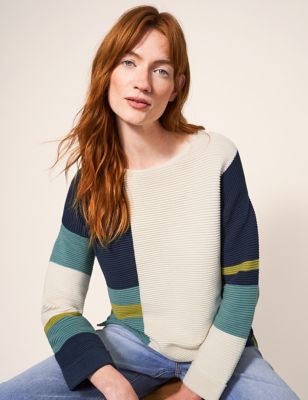 White Stuff Womens Organic Cotton Colour Block Ribbed Jumper - 6 - Teal Mix, Teal Mix