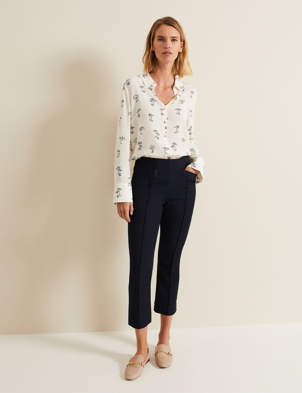 Cotton Blend Cropped Trousers with Stretch