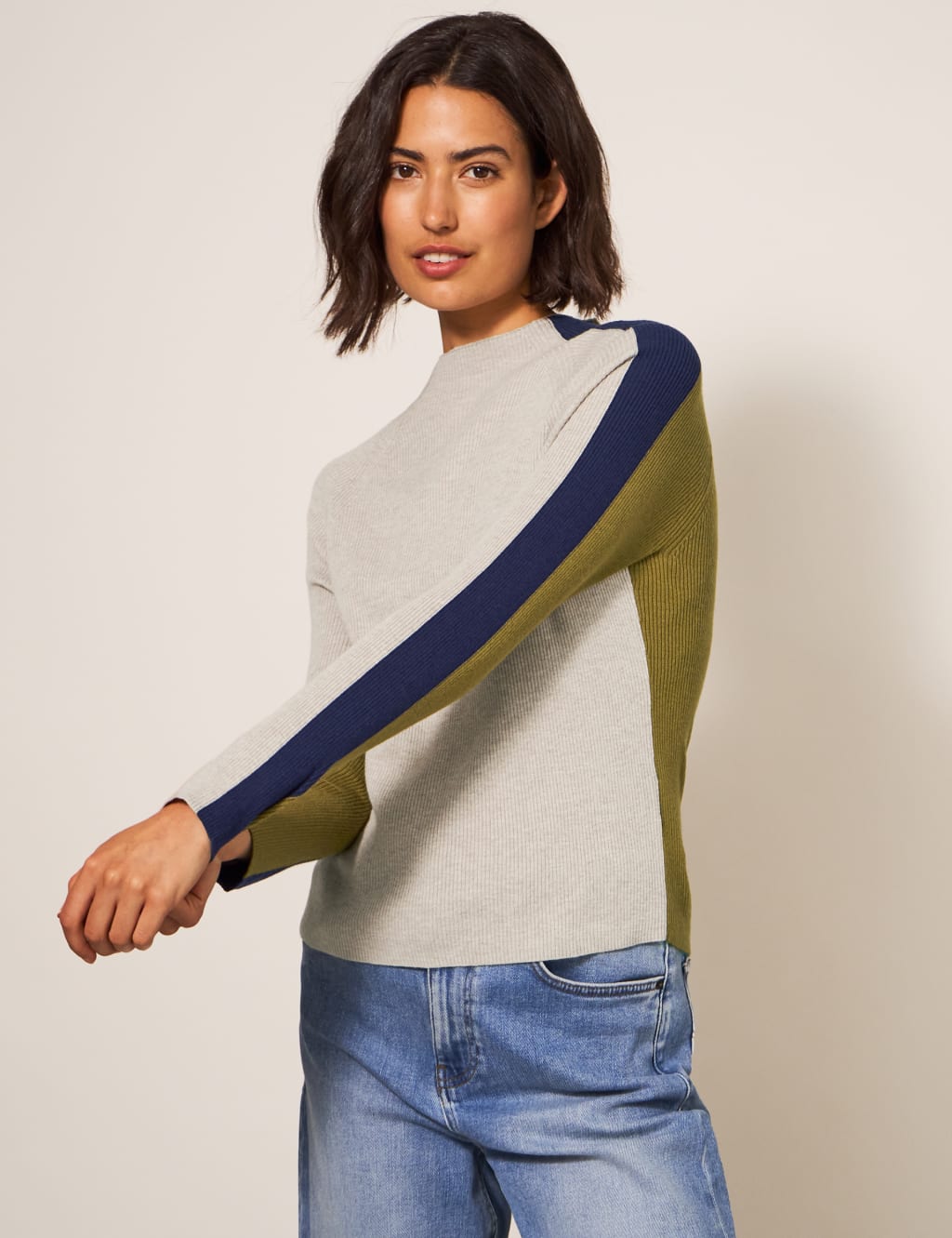 Cotton Blend Ribbed Colour Block Jumper image 1