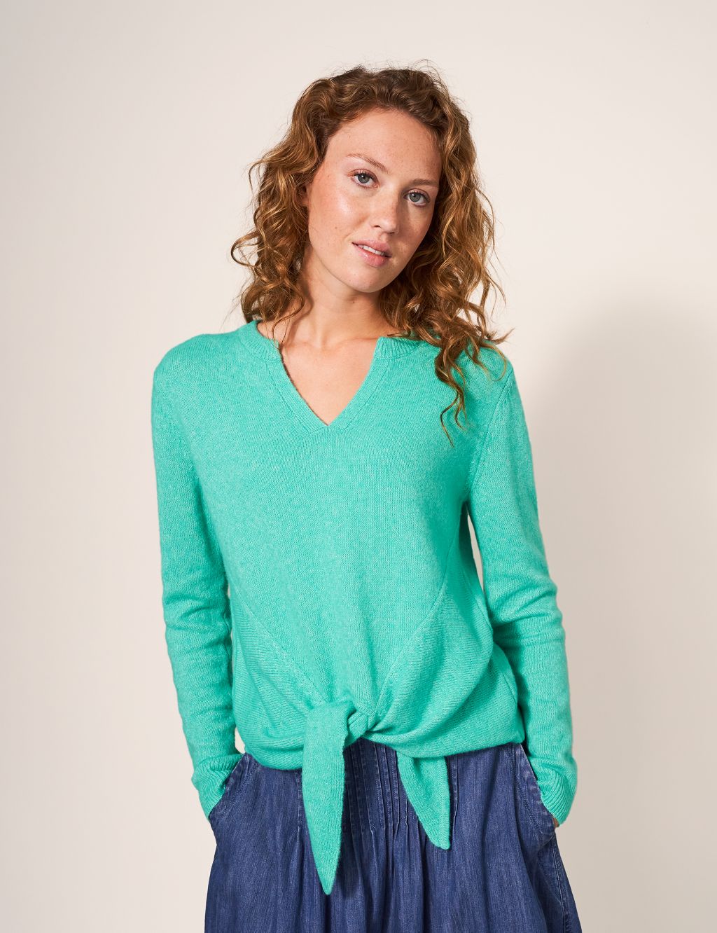Cotton Blend Notch Neck Jumper with Wool image 1
