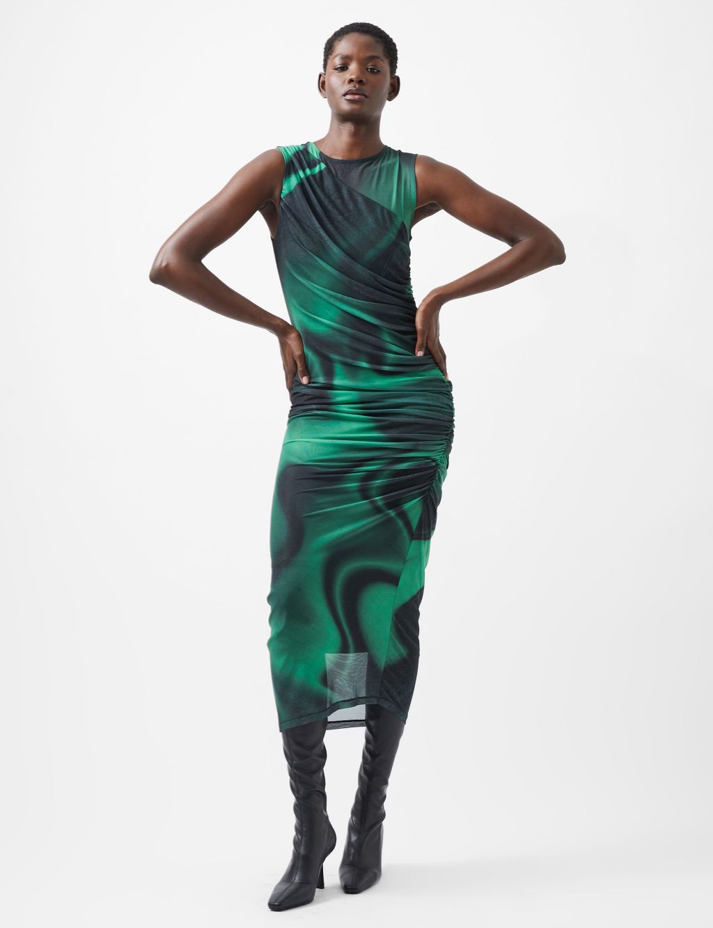 Mesh Swirl Print Midi Bodycon Dress