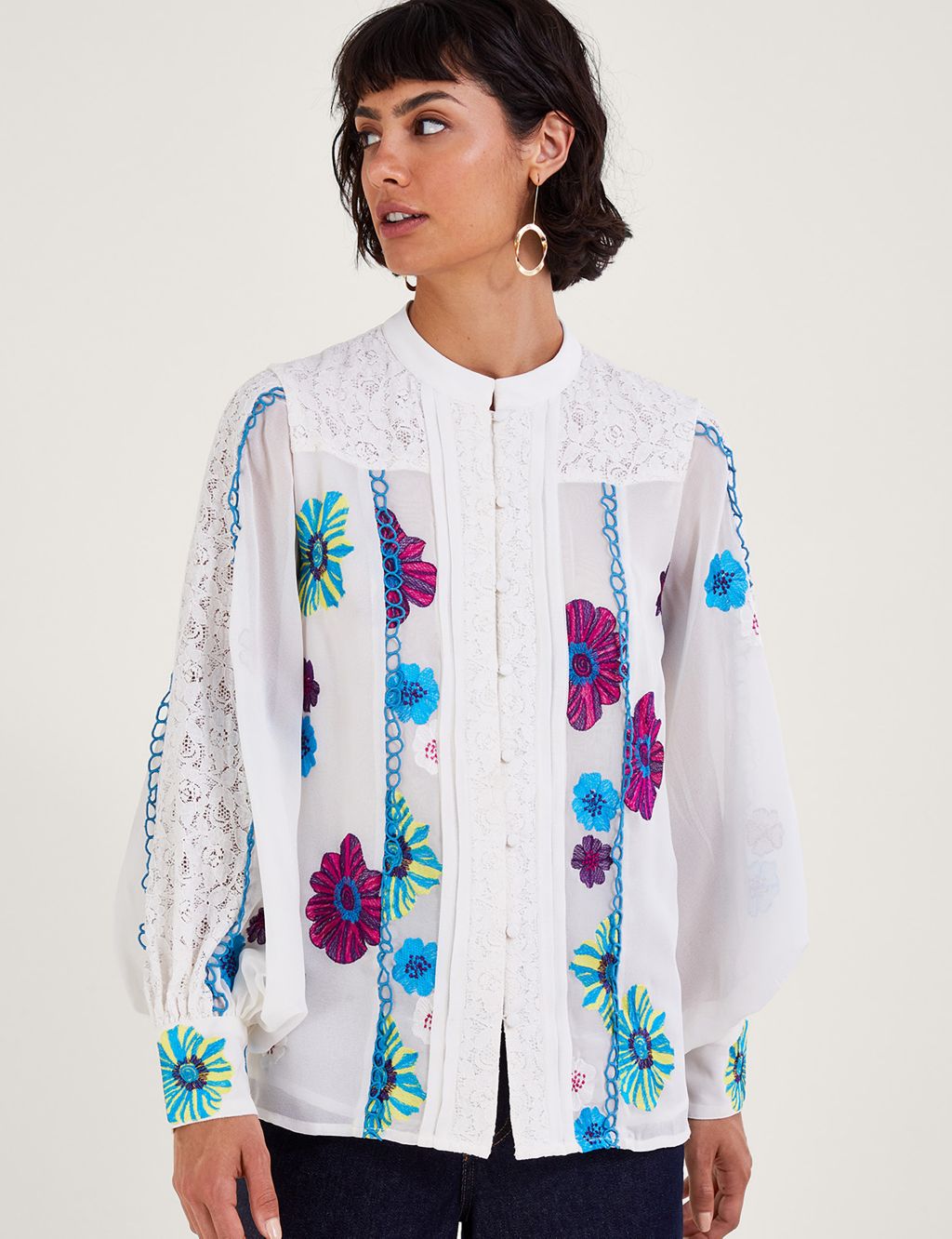Embroidered High Neck Lace Detail Blouse image 1