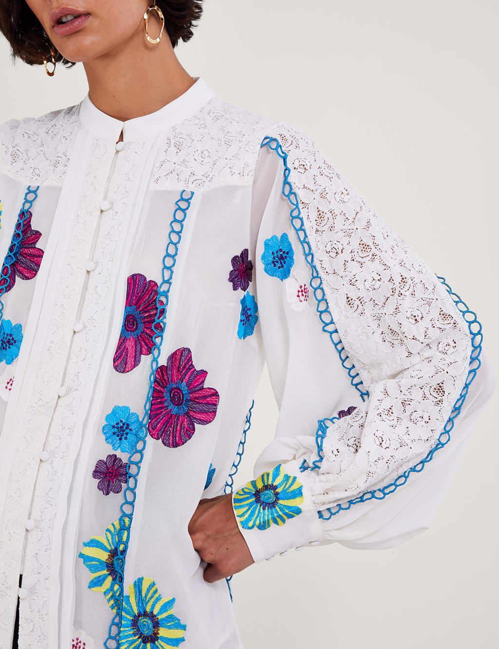 Embroidered High Neck Lace Detail Blouse image 4