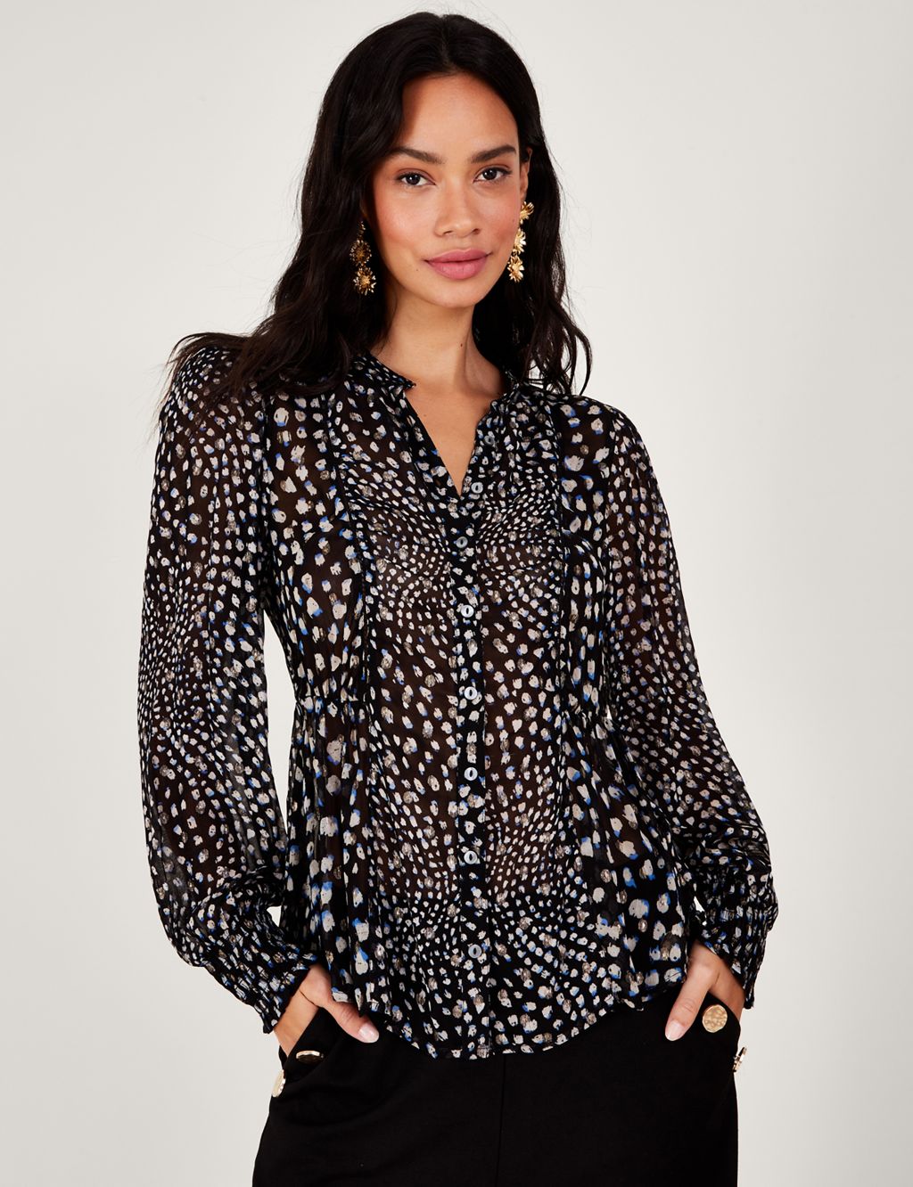 Sheer Printed Round Neck Waisted Blouse image 1