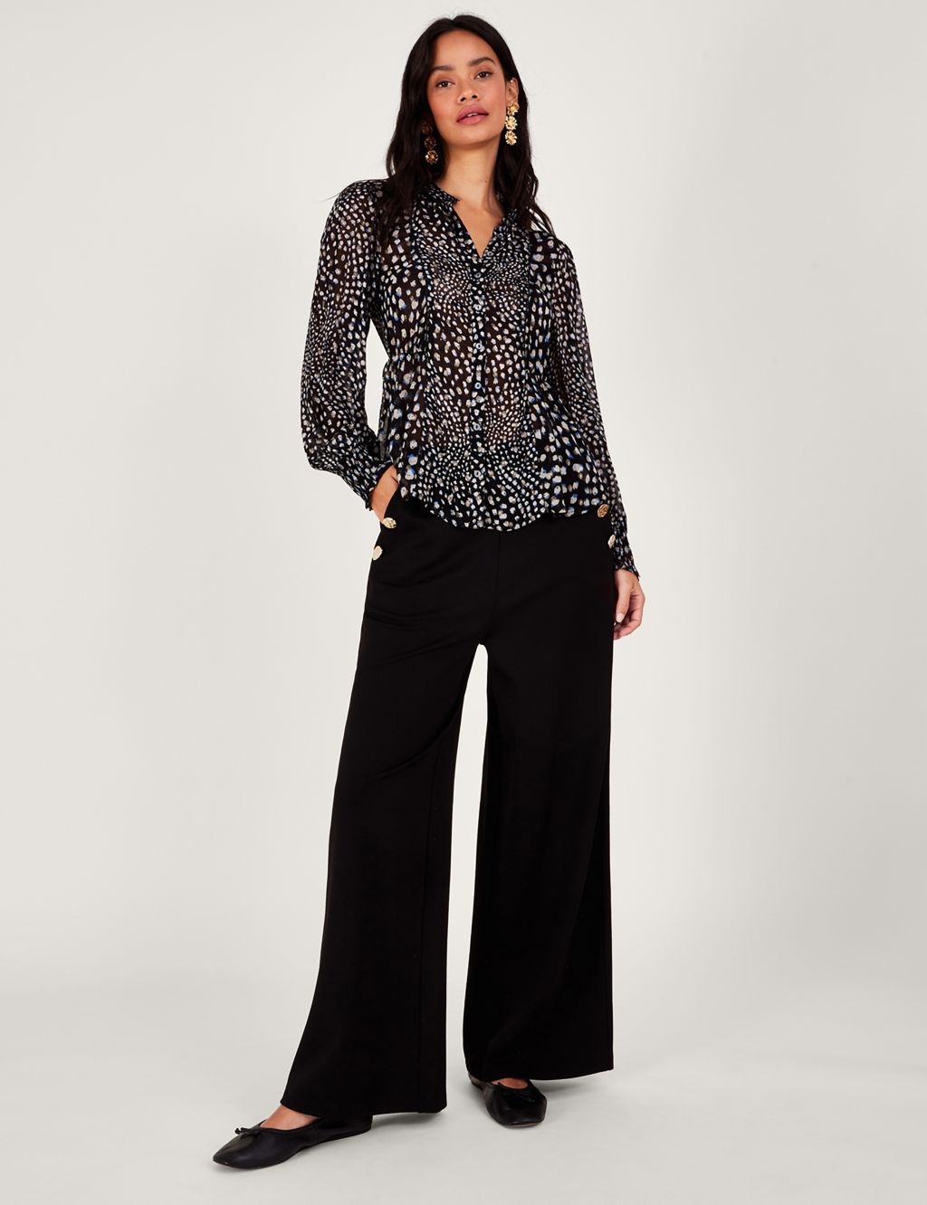 Sheer Printed Round Neck Waisted Blouse image 3