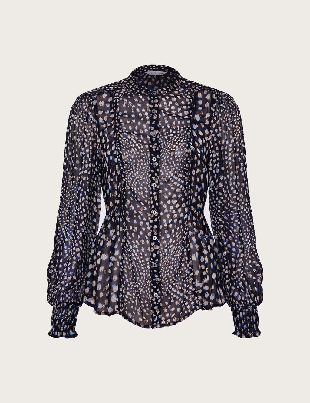 Sheer Printed Round Neck Waisted Blouse image 2