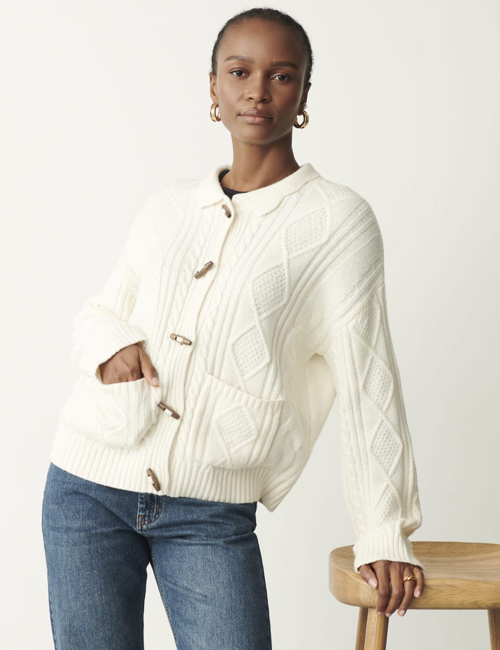 Cotton Rich Cable Knit Collared Cardigan image 1