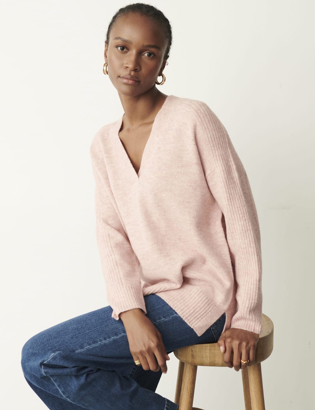 Ribbed V-Neck Relaxed Jumper