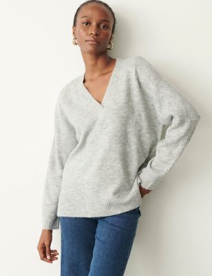 Finery London Women's Ribbed V-Neck Relaxed Jumper - 10 - Grey Mix, Grey Mix,Light Pink,Light Blue