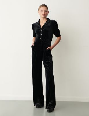 Finery London Womens Velvet Button Front Short Sleeve Jumpsuit - 20 - Black, Black