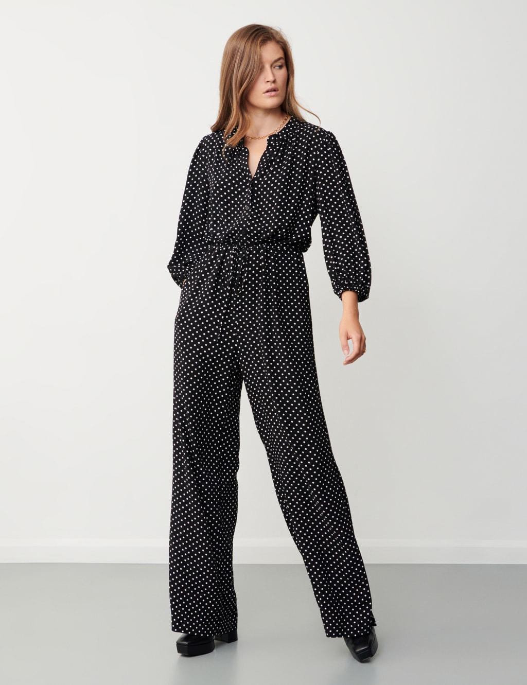 Polka Dot Tie Detail Waisted Jumpsuit