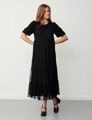Finery London Women's Lace Round Neck Midi Tiered Skater Dress - 8 - Black, Black