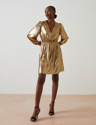 Fatface Womens Metallic V-Neck Knee Length Waisted Dress - 16REG - Bronze, Bronze
