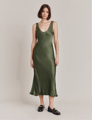 Ghost Women's Satin Midi Slip Dress - Green, Green,Grey