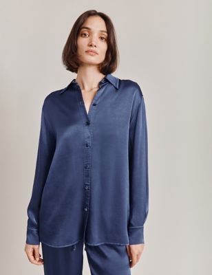 Ghost Womens Satin Collared Shirt - Blue, Blue,Grey,Beige,Green,Ivory