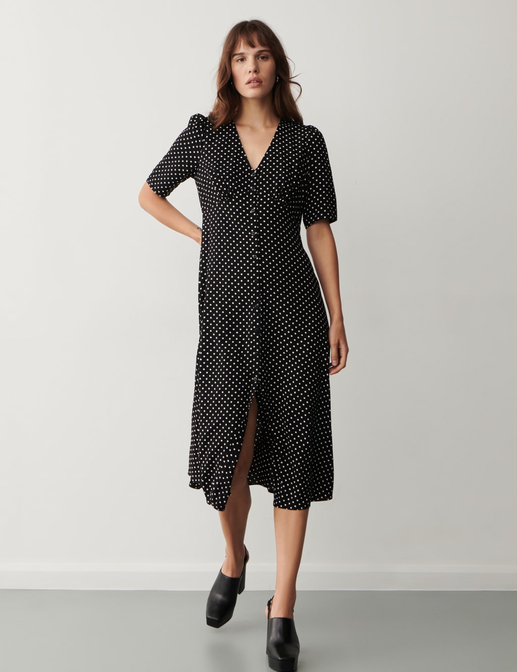 Polka Dot V-Neck Puff Sleeve Midi Tea Dress