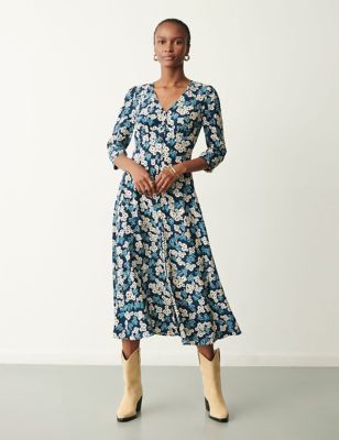 Finery London Women's Floral V-Neck Button Through Midi Tea Dress - 20 - Blue Mix, Blue Mix