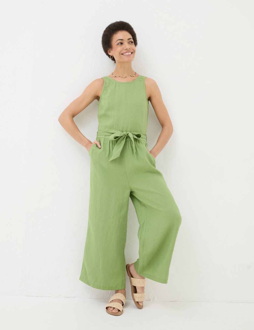 Pure Linen Sleeveless Cropped Jumpsuit