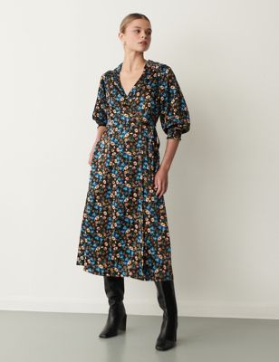 Finery London Womens Floral V-Neck Tie Detail Midi Wrap Dress - 12 - Black Mix, Black Mix