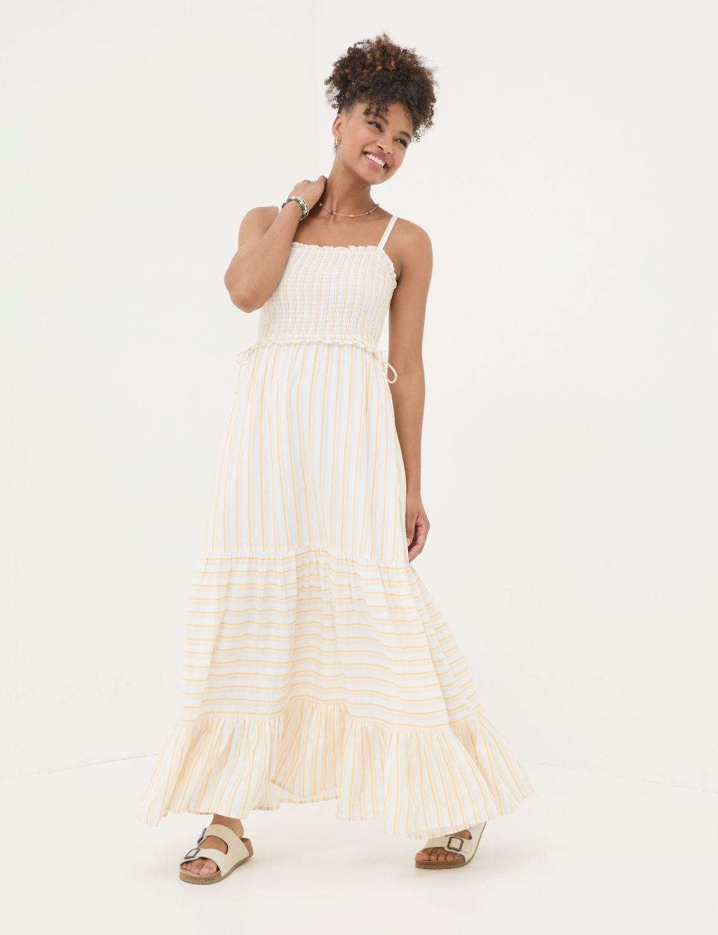 Pure Cotton Striped Square Neck Maxi Tiered Dress