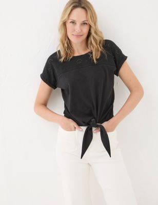 Fatface Womens Pure Cotton Broderie Tie Front T-Shirt - 6 - Black, Black,White
