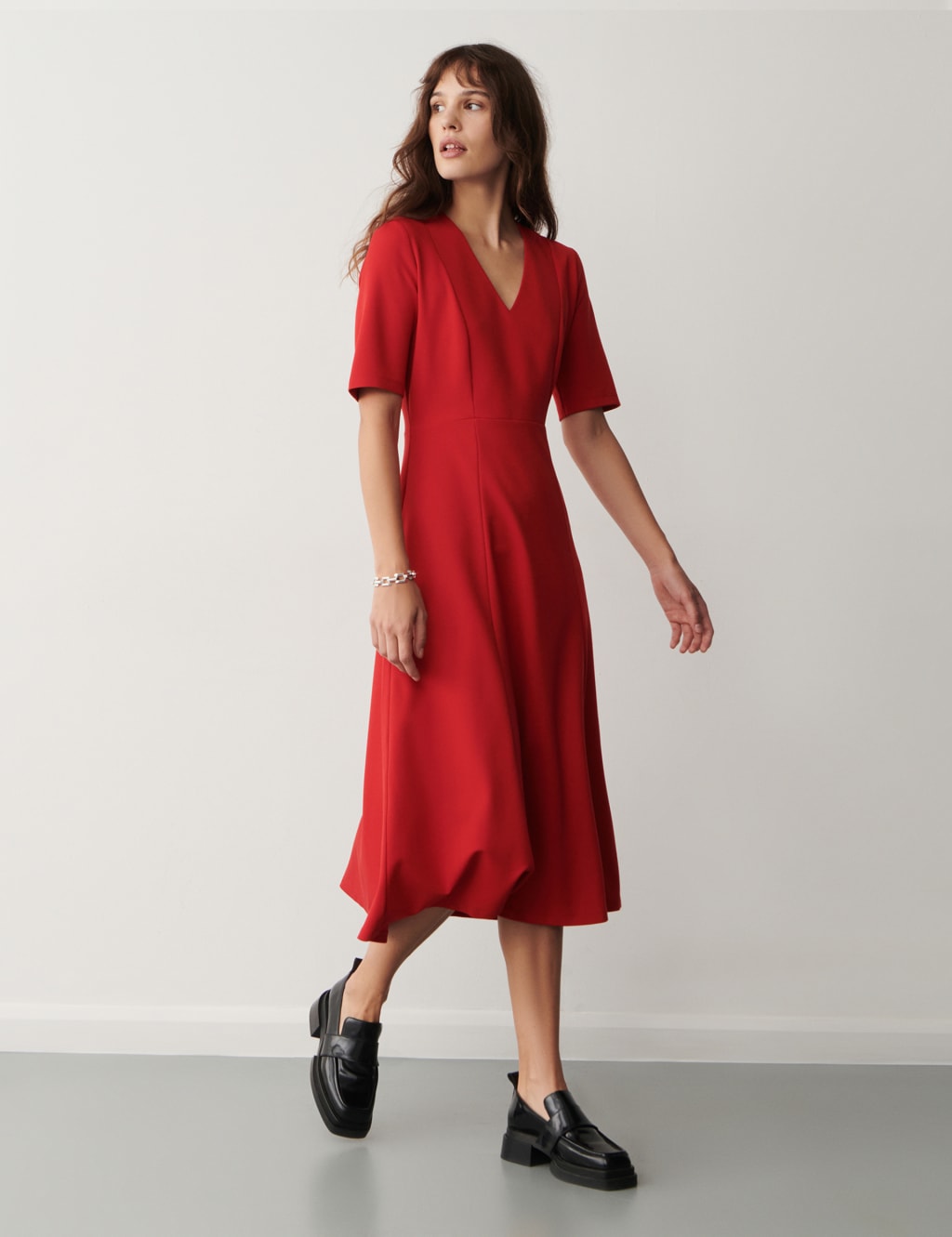 V-Neck Ponte Midi Waisted Dress image 1