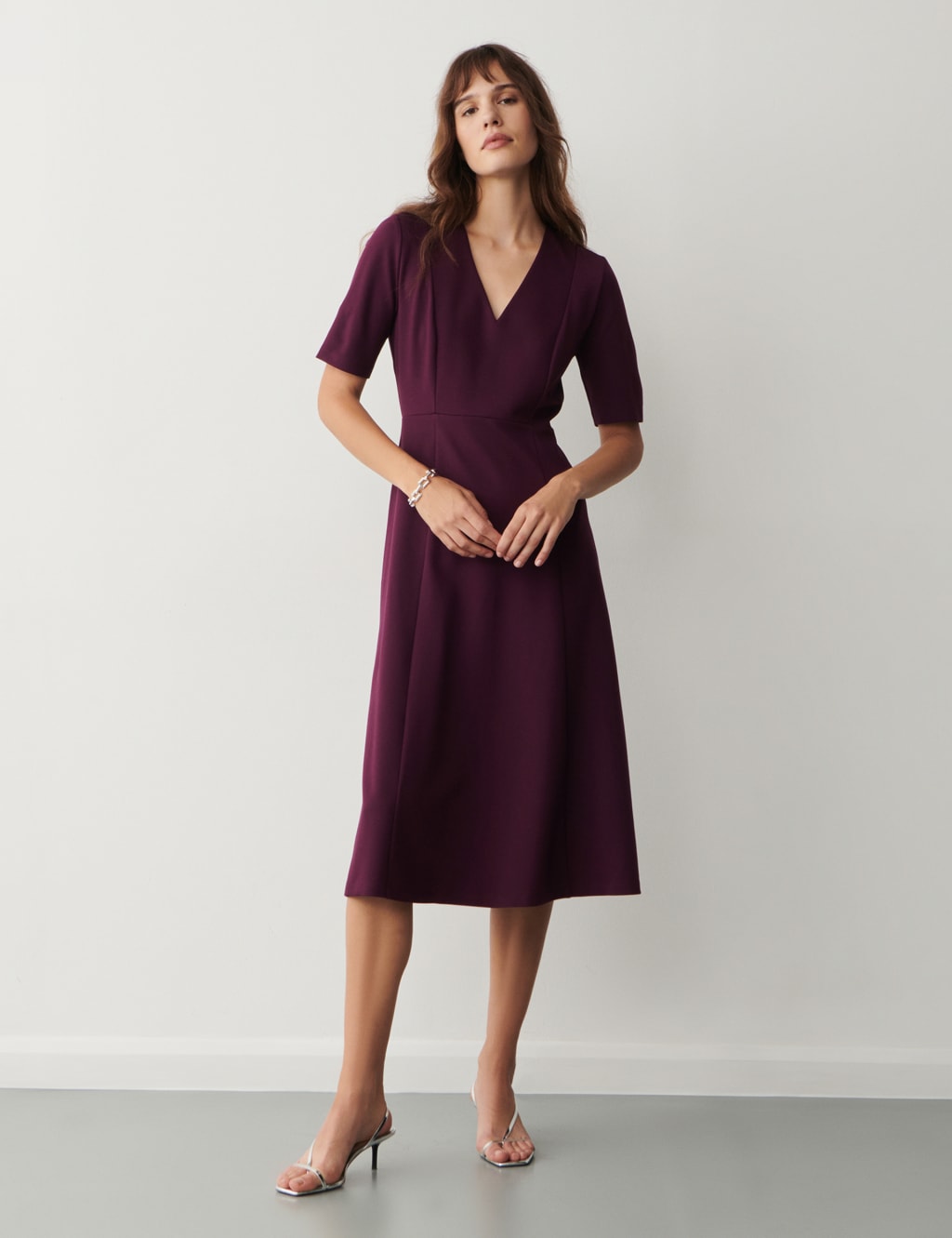 V-Neck Ponte Midi Waisted Dress image 1