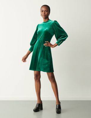 Finery London Womens Velvet Blouson Sleeve Mini Waisted Dress - 8 - Green, Green,Black
