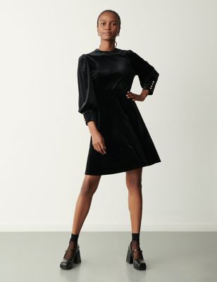Finery London Womens Velvet Blouson Sleeve Mini Waisted Dress - 18 - Black, Black,Green