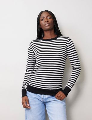 Albaray Womens Cotton Blend Striped Crew Neck Jumper - 10 - Black Mix, Black Mix