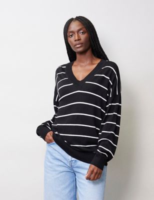 Albaray Womens Cotton Blend Striped V-Neck Jumper - 8 - Black Mix, Black Mix