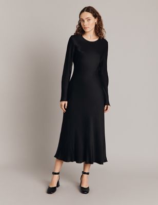 Ghost Women's Satin Round Neck Midi Column Dress - XS - Black, Black