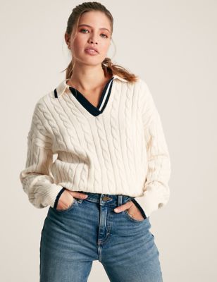 Joules Women's Cotton Rich Cable Knit Collared Jumper - 10 - Cream, Cream