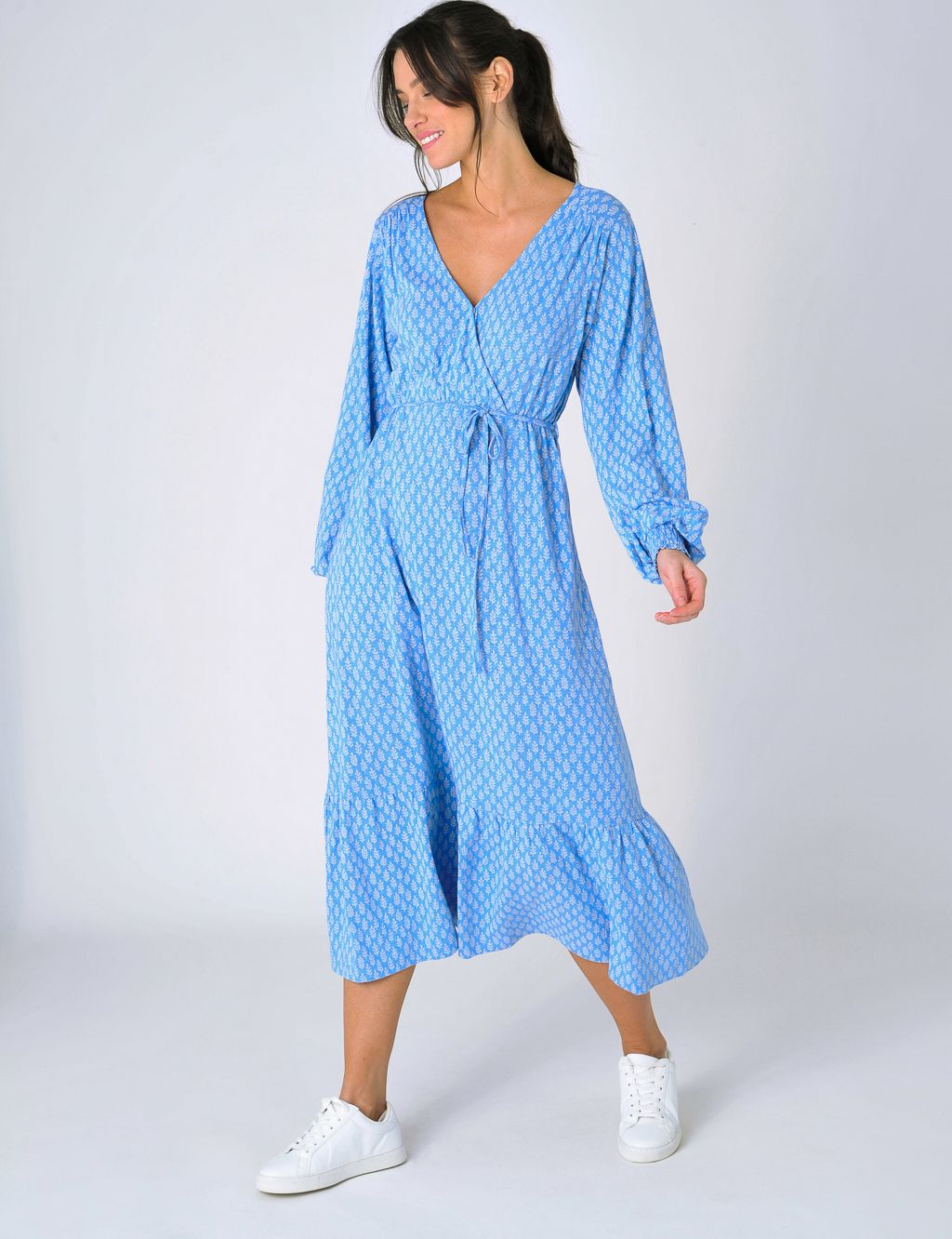 Cotton Rich Printed V-Neck Midi Wrap Dress image 1