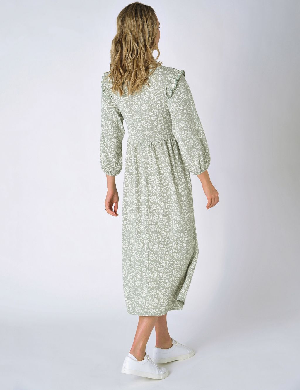 Cotton Rich Floral Shirred Midi Smock Dress image 4