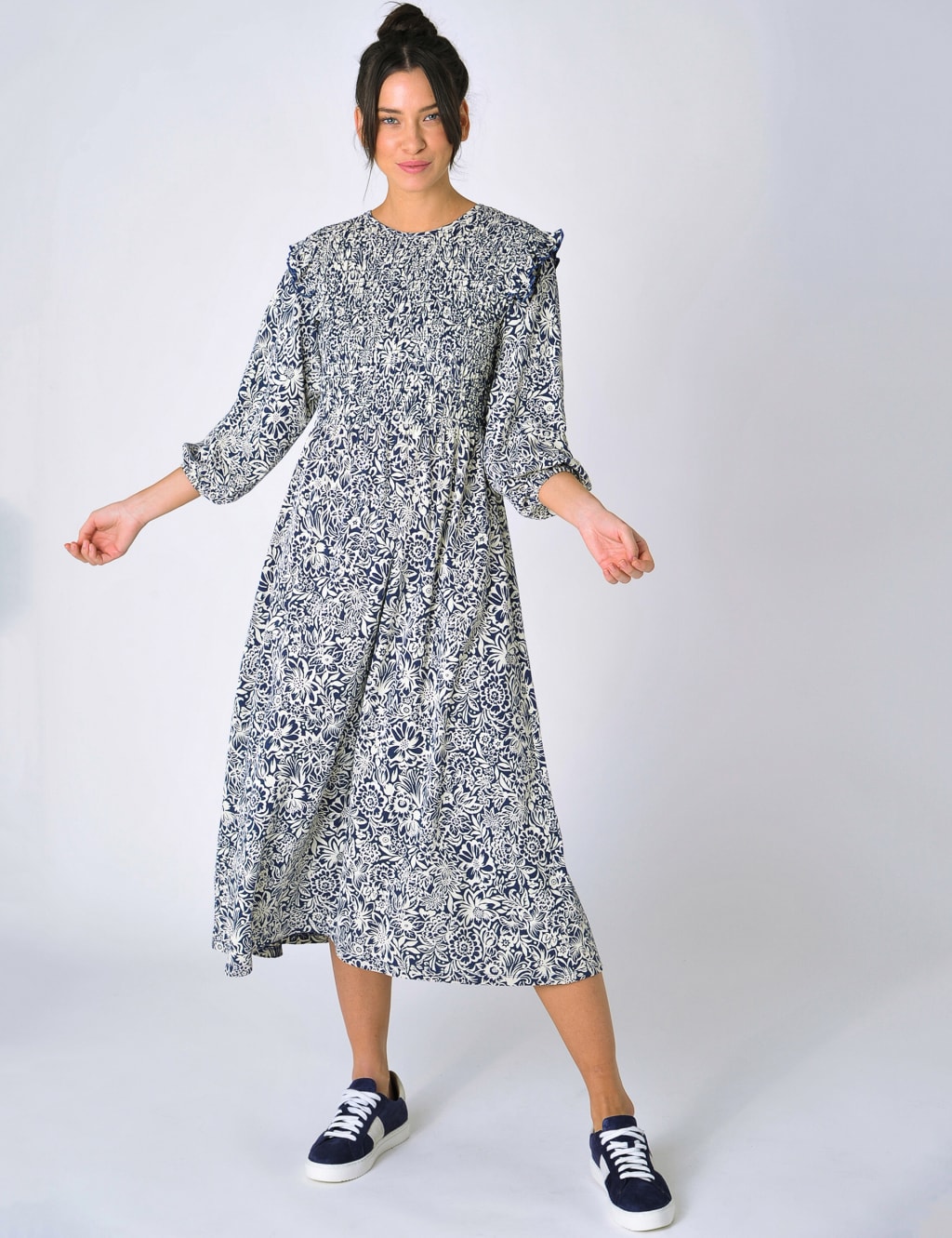 Cotton Rich Floral Shirred Midi Smock Dress image 1