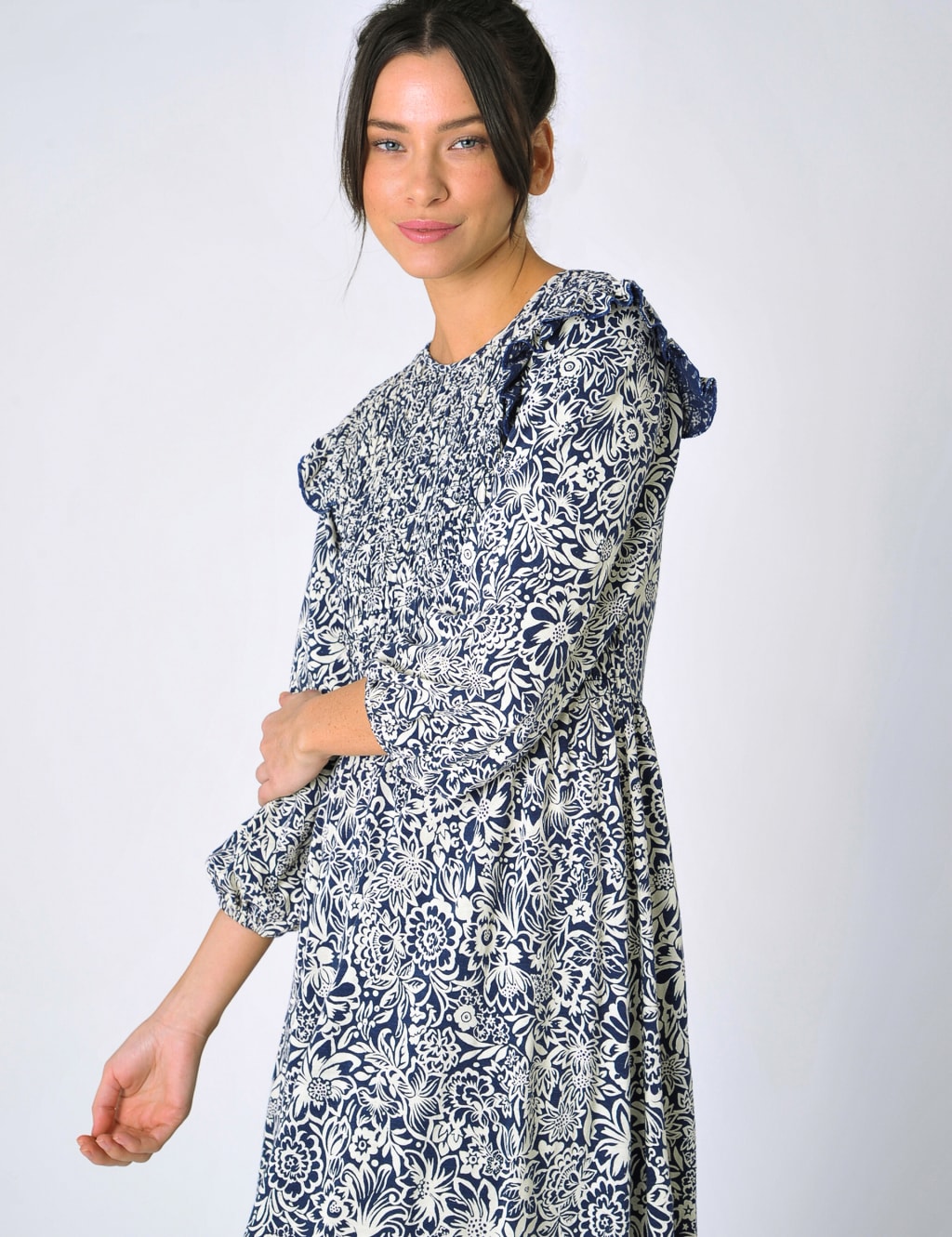 Cotton Rich Floral Shirred Midi Smock Dress image 5