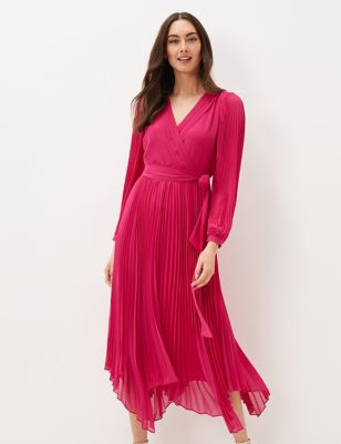 Phase Eight Womens V-Neck Pleated Tie Belt Midi Wrap Dress - 26 - Pink, Pink