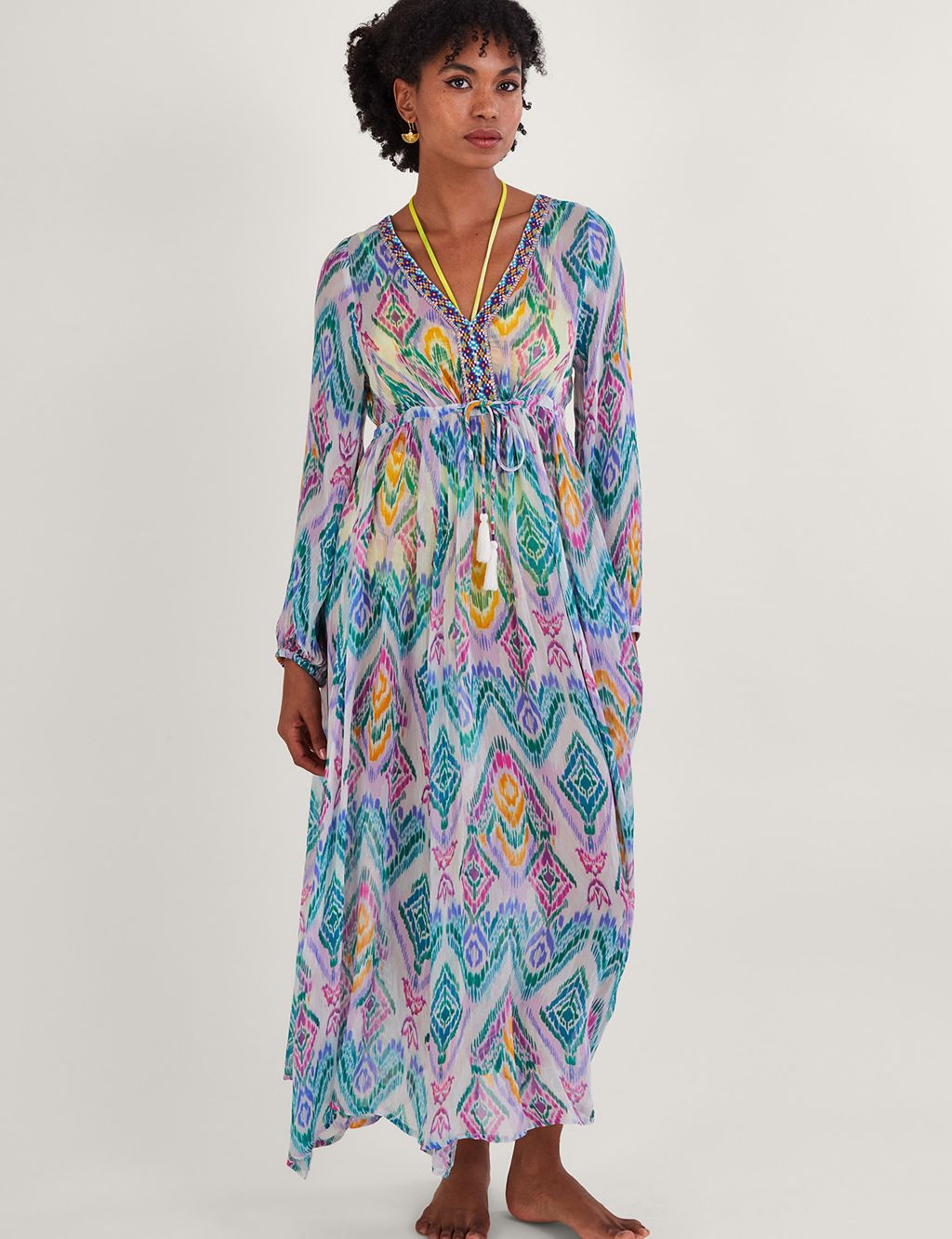 Printed V-Neck Tie Front Maxi Waisted Dress