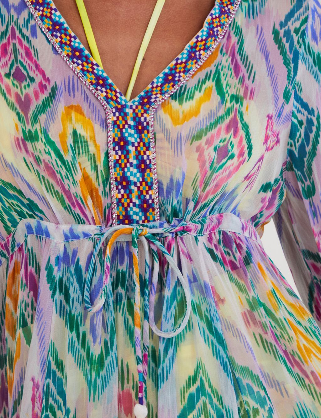 Printed V-Neck Tie Front Maxi Waisted Dress image 3