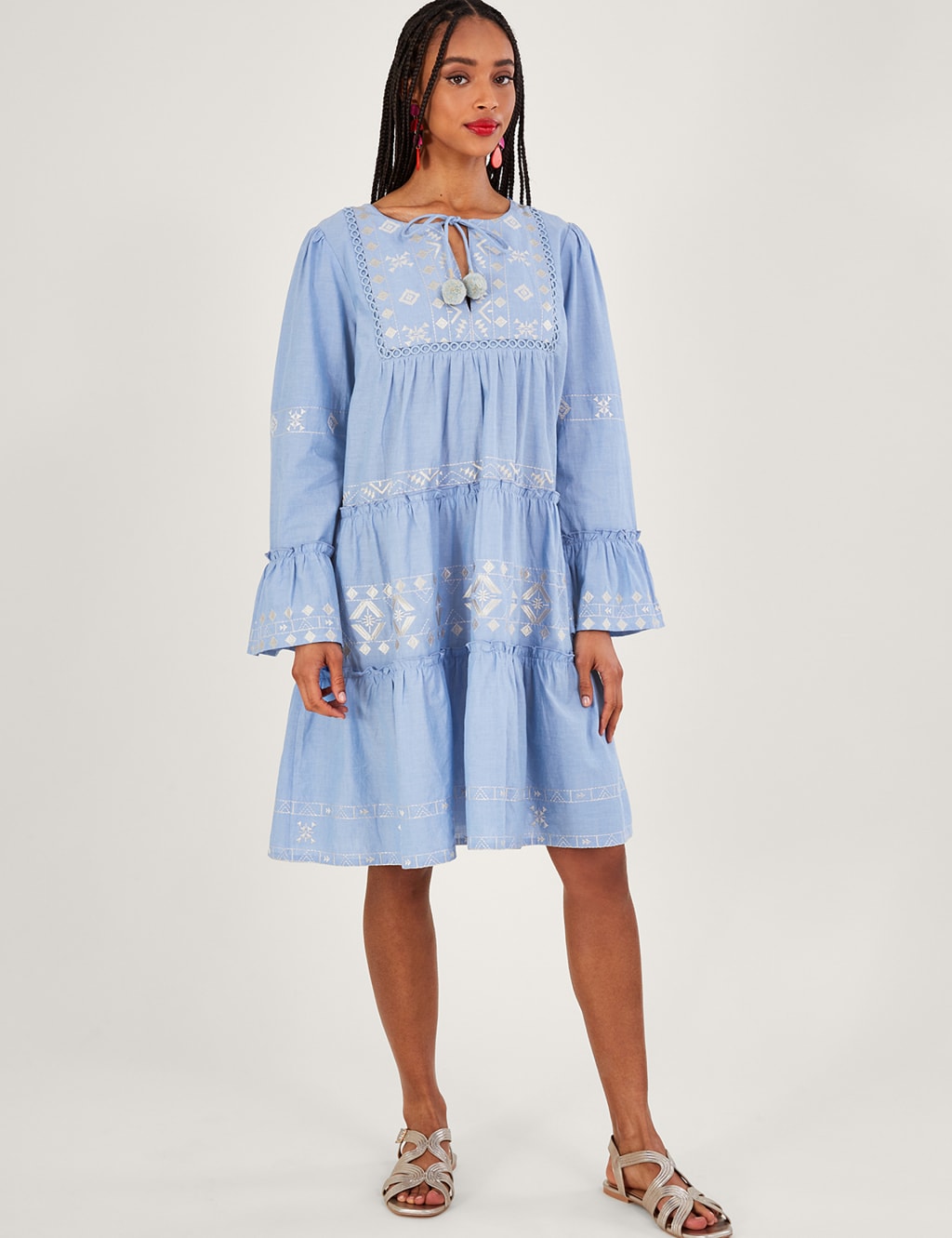 Pure Cotton Embroidered Tie Neck Dress image 1