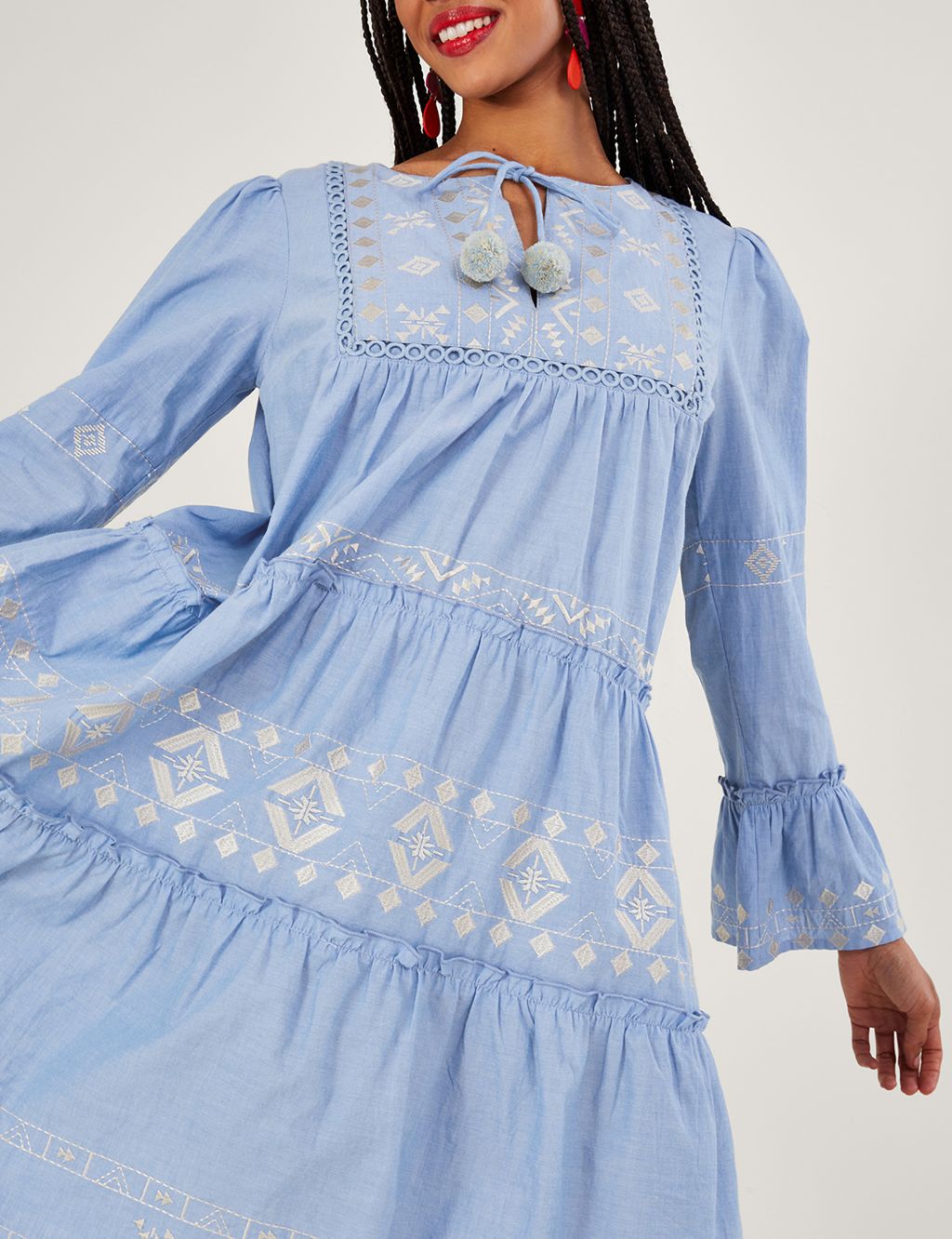 Pure Cotton Embroidered Tie Neck Dress image 3