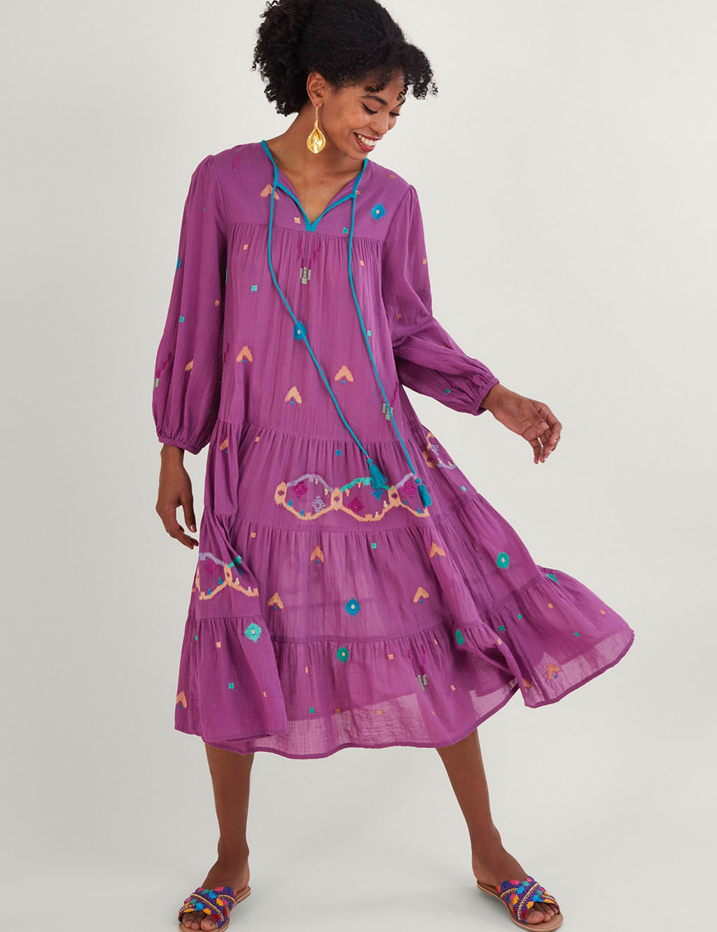 Pure Cotton Embroidered Tie Neck Midi Dress image 1