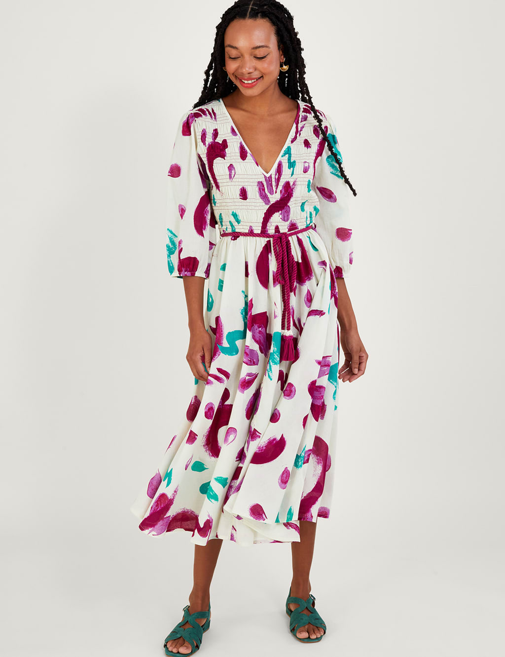 Pure Cotton Printed V-Neck Midi Dress image 1