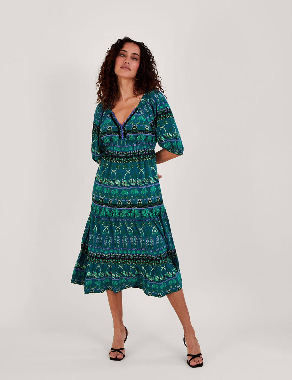 Cotton Rich Leaf Print V-Neck Midi Dress image 1