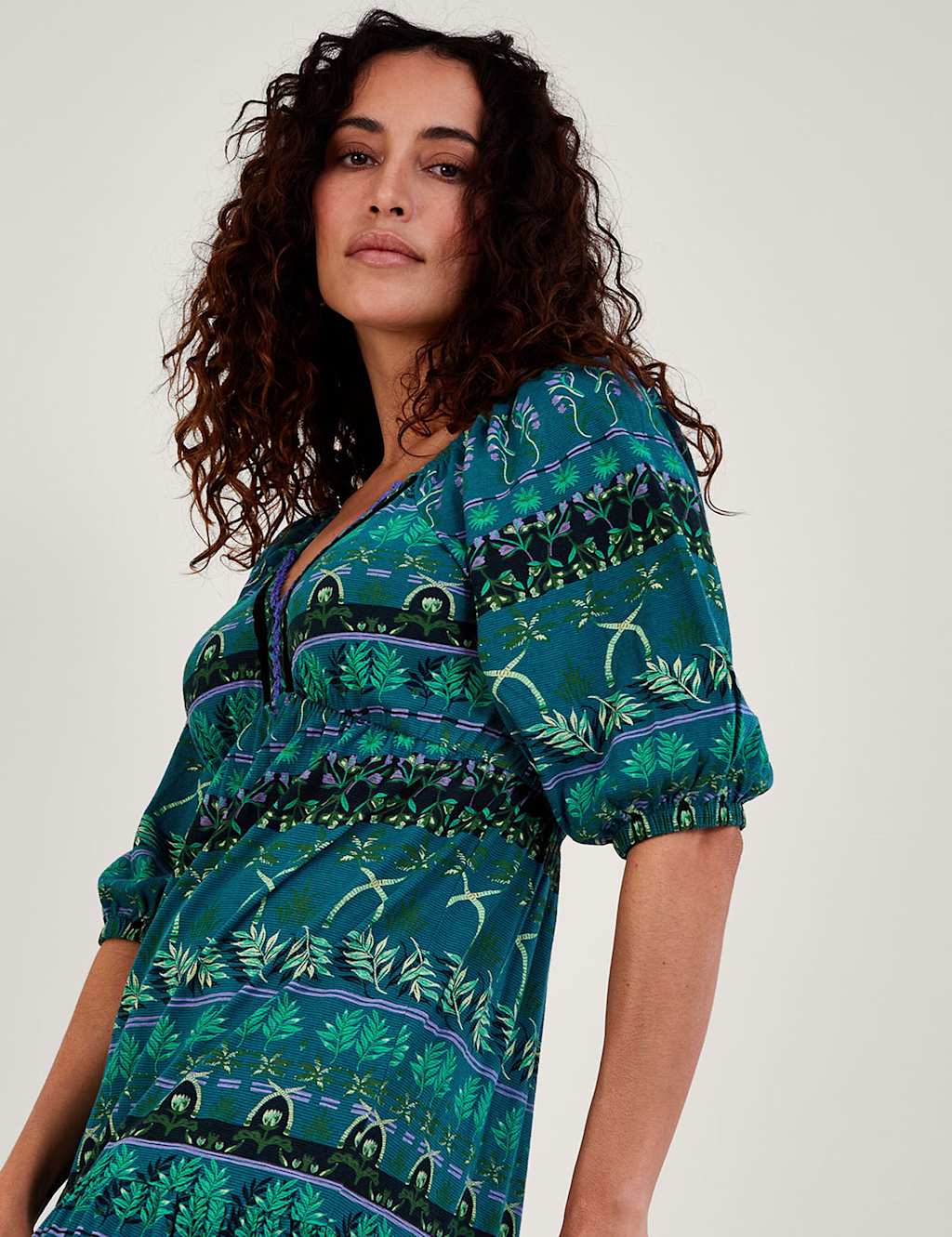 Cotton Rich Leaf Print V-Neck Midi Dress image 2