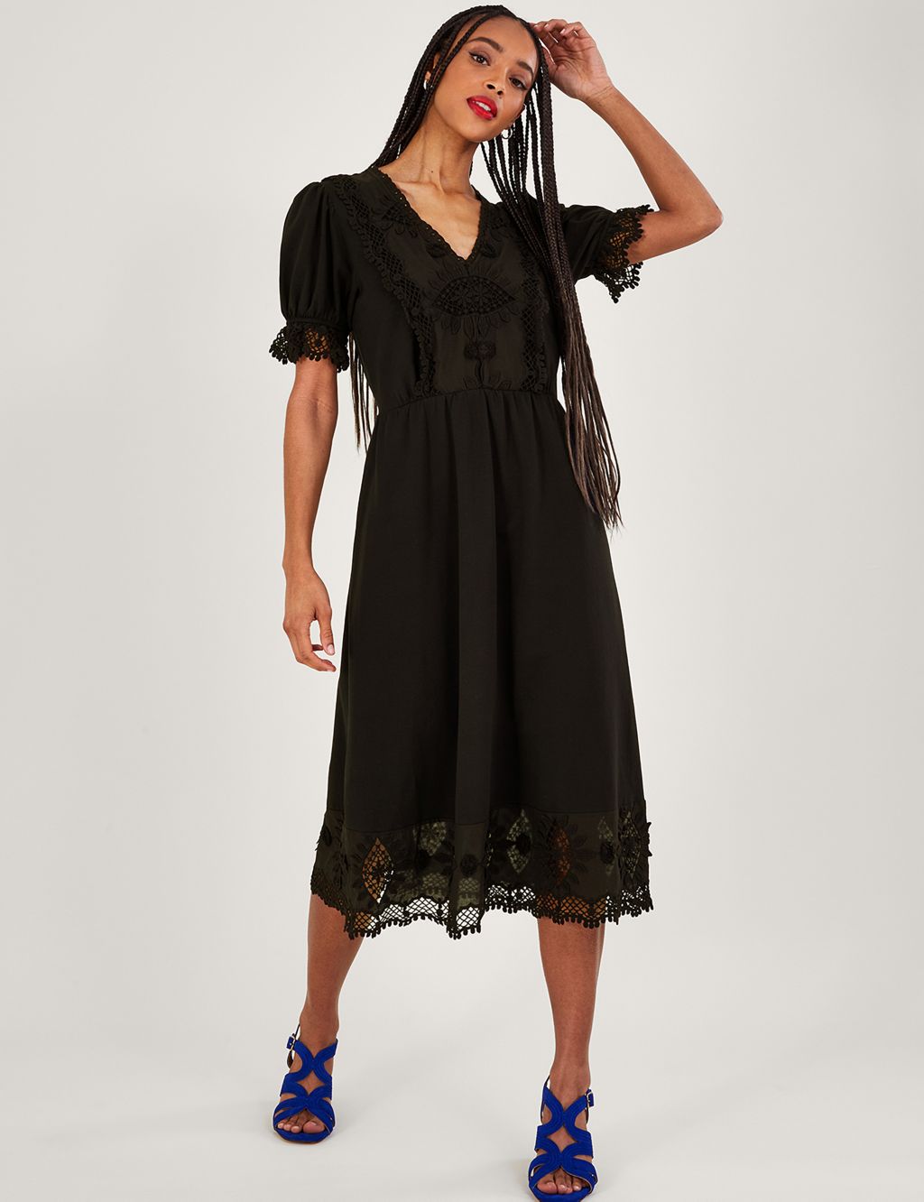 Pure Cotton V-Neck Embroidered Midi Dress image 1