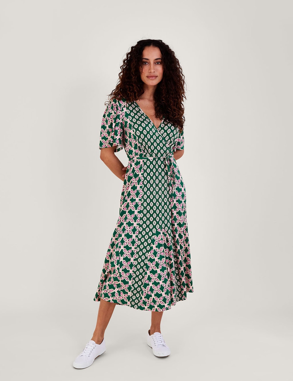 Geometric V-Neck Tie Waist Midi Wrap Dress image 1